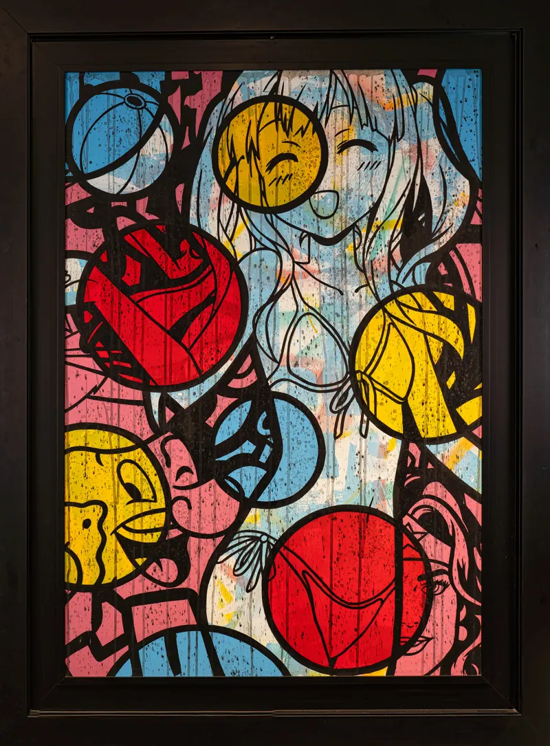 Ballons rouges, jaunes et bleus dessinés sur fond rose, encadré.